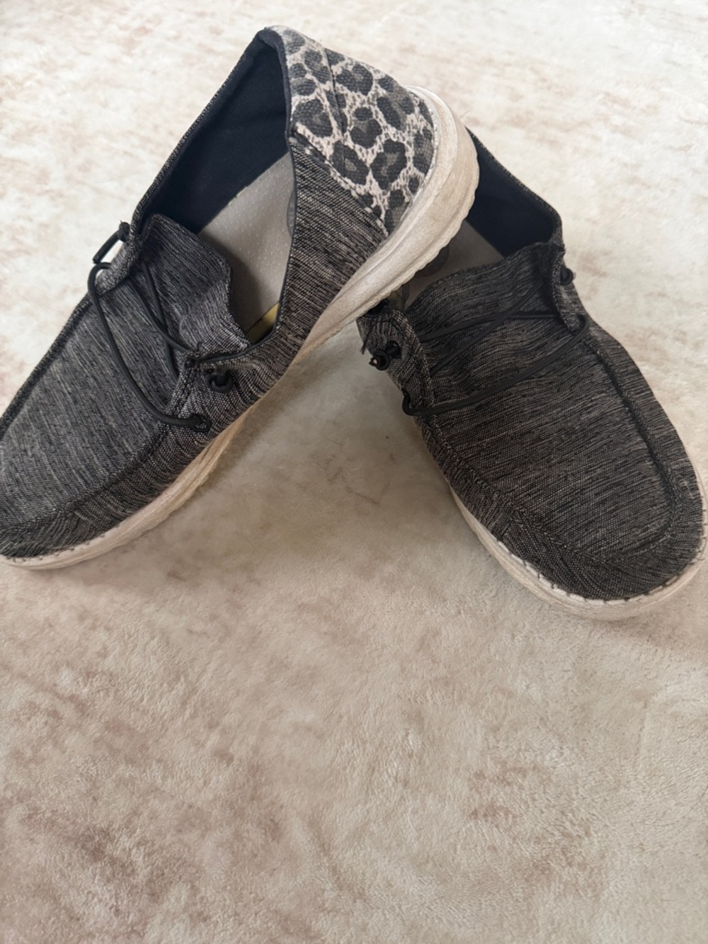 Hey Dude Charcoal Gray Knit Slip-On Flats with Leopard-Print Heel Accent